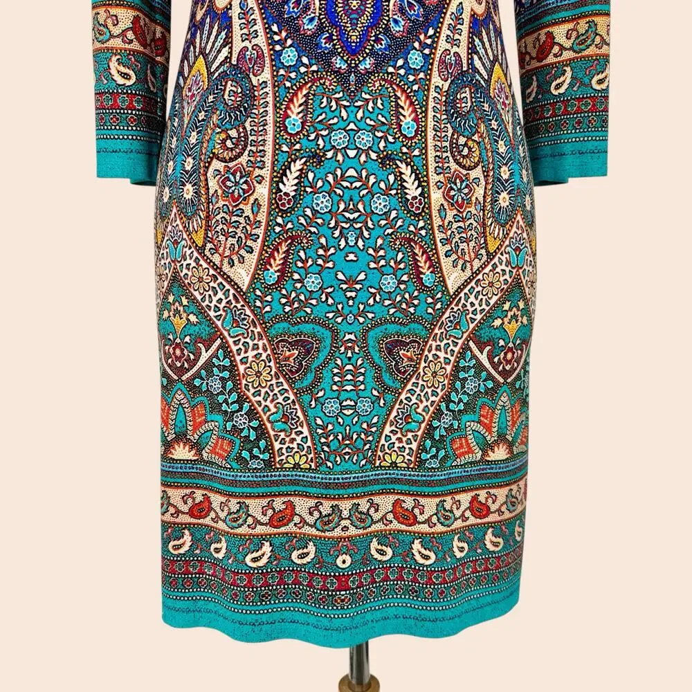 Boho Paisley Beaded Neck Cocktail Sheath Dress Teal Multi Size 10